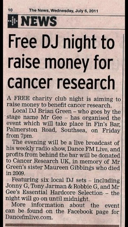 Portsmouth News Paper Cutting of Cancer Research Gig
